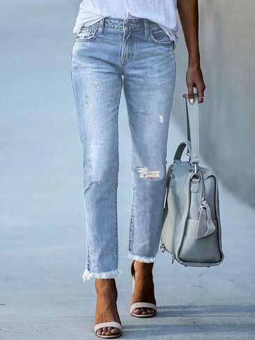 Women's High Waisted Tummy Control Straight Ankle Ripped Jeans in Kuwait