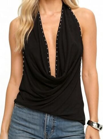 Women Y2k Halter Cut Out Tank Top Deep V Neck Eyelet Front Buckle Crop Tops Sexy Sleeveless Backless Fitted Camisole in Saudi Arabia