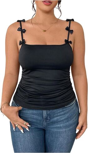 Women's Plus Size Bow Ruched Camisole Tops Summer Square Neck Spaghetti Strap Tops Going Out Outfits in Kuwait