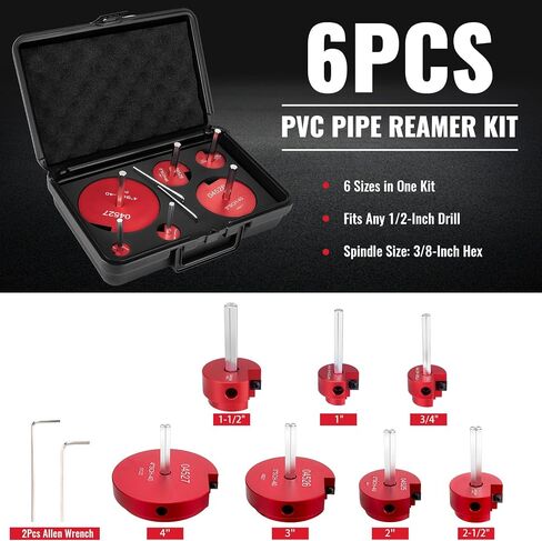9Pcs Pipe Reamer Tool Kit PVC Fitting Saver Includes 1/2", 3/4", 1", 1-1/4", 1-1/2", 2", 2-1/2", 3", 4" Reamers, Aluminum Reed Socket Saver Kit for PVC, CPVC and ABS Plumbing, Fits Standard 1/2" Drill in Kuwait