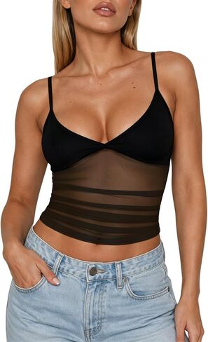 Women's Sheer Mesh Top Ruched V Neck Spaghetti Strap Sexy Going Out Crop Top in Saudi Arabia