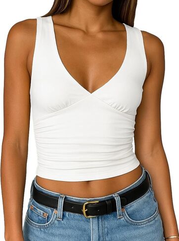 TiulZial Women's Crop Tank Top Deep V Neck Sleeveless Going Out Top Sexy Double Lined Crop Tops Y2K Summer Slim Fit Top in Saudi Arabia