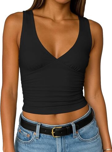 TiulZial Women's Crop Tank Top Deep V Neck Sleeveless Going Out Top Sexy Double Lined Crop Tops Y2K Summer Slim Fit Top in Saudi Arabia