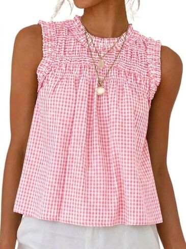قمصان بدون أكمام للسيدات من IDEALSANXUN Gingham Peplum للربيع والصيف بدون أكمام in Kuwait