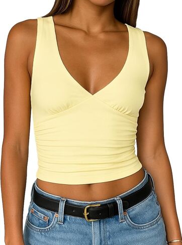 TiulZial Women's Crop Tank Top Deep V Neck Sleeveless Going Out Top Sexy Double Lined Crop Tops Y2K Summer Slim Fit Top in Saudi Arabia