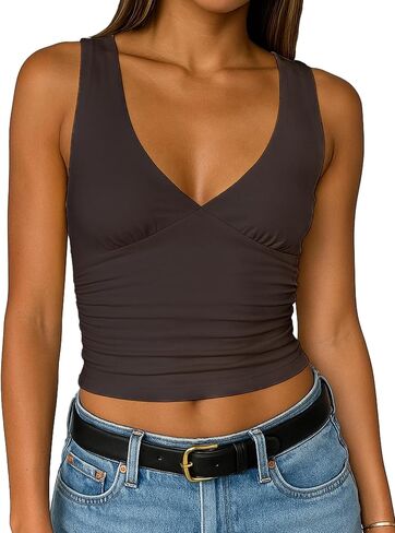 TiulZial Women's Crop Tank Top Deep V Neck Sleeveless Going Out Top Sexy Double Lined Crop Tops Y2K Summer Slim Fit Top in Saudi Arabia