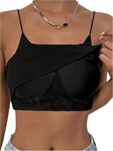 OYOANGLE Women's Sparkly Sequin Crop Cami Top Spaghetti Strap Padded Tops Ring Linked Cutout Camisole in Saudi Arabia