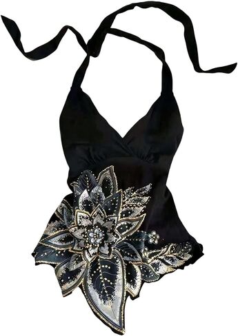 BEAUDRM Women's Floral Halter Top Y2k Tie Open Back Sleeveless Going Out Tops Summer Concert Outfits in Kuwait