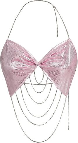 OYOANGLE Women's Sparkling Sequin Chain Crop Halter Tops Backless Micro Bow Top Y2K Rave Outfits in Saudi Arabia