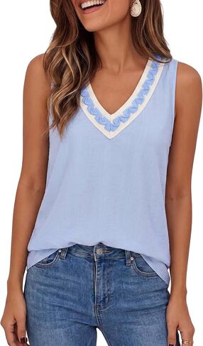 Womens Summer Tank Tops V Neck Sleeveless Boho Casual Patchwork Knit Trim Vest Flowy Beach Vacation Camisole Shirts in Saudi Arabia