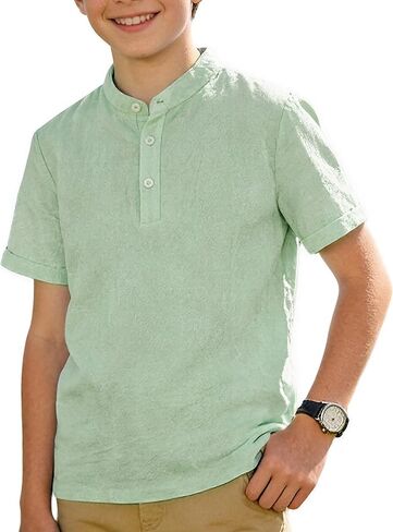 Funnycokid Boys Henley Shirts Short Sleeve Liene Shirt for Size 8-14 Kids Solid Button Down T-Shirt Summer Casual Tee in Saudi Arabia