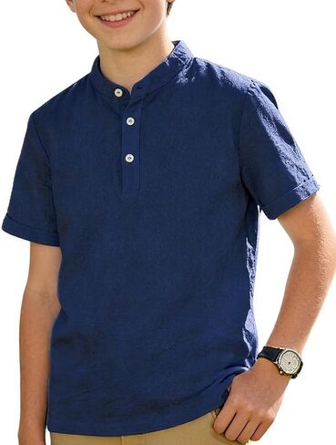 Funnycokid Boys Henley Shirts Short Sleeve Liene Shirt for Size 8-14 Kids Solid Button Down T-Shirt Summer Casual Tee in Saudi Arabia
