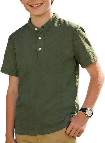 Funnycokid Boys Henley Shirts Short Sleeve Liene Shirt for Size 8-14 Kids Solid Button Down T-Shirt Summer Casual Tee in Saudi Arabia