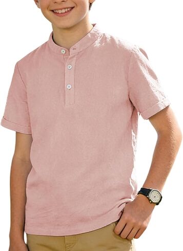 Funnycokid Boys Henley Shirts Short Sleeve Liene Shirt for Size 8-14 Kids Solid Button Down T-Shirt Summer Casual Tee in Saudi Arabia