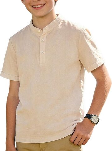 Funnycokid Boys Henley Shirts Short Sleeve Liene Shirt for Size 8-14 Kids Solid Button Down T-Shirt Summer Casual Tee in Saudi Arabia