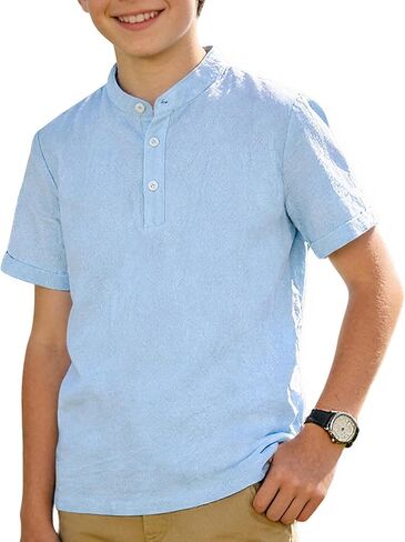 Funnycokid Boys Henley Shirts Short Sleeve Liene Shirt for Size 8-14 Kids Solid Button Down T-Shirt Summer Casual Tee in Saudi Arabia