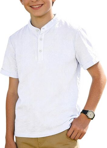 Funnycokid Boys Henley Shirts Short Sleeve Liene Shirt for Size 8-14 Kids Solid Button Down T-Shirt Summer Casual Tee in Saudi Arabia