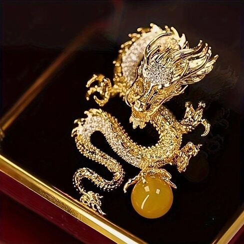Elegant Gold Dragon Brooch with Sparkling Cubic Zirconia and Amber Stones - Vintage Style Copper Zodiac Pin, Great for Suits and Dresses, Perfect Valentine's Day Gift for Women, Party Jewelry in Kuwait