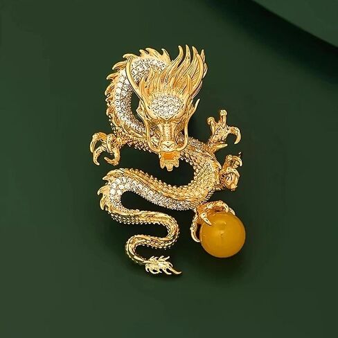 Elegant Gold Dragon Brooch with Sparkling Cubic Zirconia and Amber Stones - Vintage Style Copper Zodiac Pin, Great for Suits and Dresses, Perfect Valentine's Day Gift for Women, Party Jewelry in Kuwait