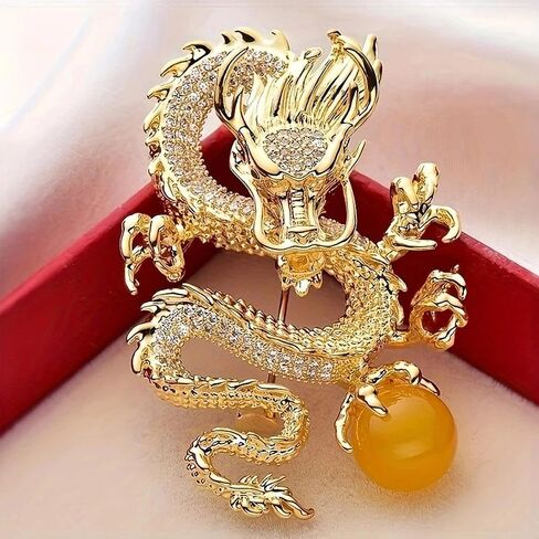 Elegant Gold Dragon Brooch with Sparkling Cubic Zirconia and Amber Stones - Vintage Style Copper Zodiac Pin, Great for Suits and Dresses, Perfect Valentine's Day Gift for Women, Party Jewelry in Kuwait