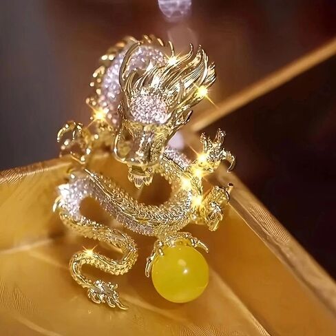 Elegant Gold Dragon Brooch with Sparkling Cubic Zirconia and Amber Stones - Vintage Style Copper Zodiac Pin, Great for Suits and Dresses, Perfect Valentine's Day Gift for Women, Party Jewelry in Kuwait