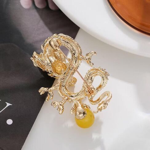 Elegant Gold Dragon Brooch with Sparkling Cubic Zirconia and Amber Stones - Vintage Style Copper Zodiac Pin, Great for Suits and Dresses, Perfect Valentine's Day Gift for Women, Party Jewelry in Kuwait