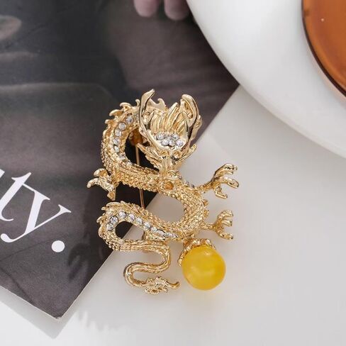 Elegant Gold Dragon Brooch with Sparkling Cubic Zirconia and Amber Stones - Vintage Style Copper Zodiac Pin, Great for Suits and Dresses, Perfect Valentine's Day Gift for Women, Party Jewelry in Kuwait