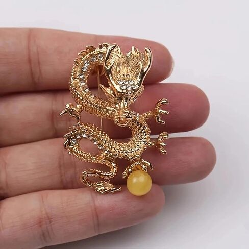 Elegant Gold Dragon Brooch with Sparkling Cubic Zirconia and Amber Stones - Vintage Style Copper Zodiac Pin, Great for Suits and Dresses, Perfect Valentine's Day Gift for Women, Party Jewelry in Kuwait