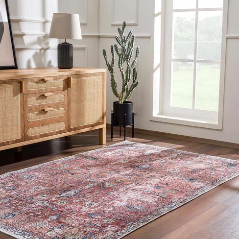 Hauteloom Wentworth Collection Lara - Machine Washable Oriental Hallway, Entryway, Kitchen Runner Rug - Abstract Vintage Distressed Boho Style - Burgundy, Red, Pink - 2'7"x10' in Saudi Arabia