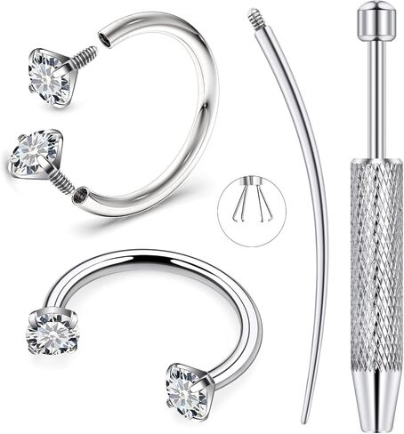 18G 16G F136 Titanium Horseshoe Rings, 8mm 10MM White CZ Septum Jewelry with Tool (4PCS) Nose Lip Cartilage Piercing in Kuwait