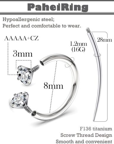 18G 16G F136 Titanium Horseshoe Rings, 8mm 10MM White CZ Septum Jewelry with Tool (4PCS) Nose Lip Cartilage Piercing in Saudi Arabia