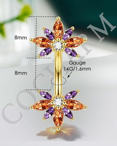 COCHARM Colorful Lotus Belly Button Rings, 14G Both End Belly Navel Rings for Women, Gold Plated Navel Piercing Jewelry Stainless Steel 8/10MM in Kuwait