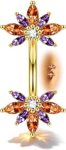 COCHARM Colorful Lotus Belly Button Rings, 14G Both End Belly Navel Rings for Women, Gold Plated Navel Piercing Jewelry Stainless Steel 8/10MM in Kuwait