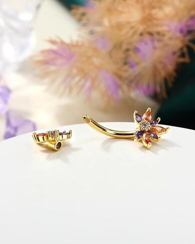 COCHARM Colorful Lotus Belly Button Rings, 14G Both End Belly Navel Rings for Women, Gold Plated Navel Piercing Jewelry Stainless Steel 8/10MM in Kuwait