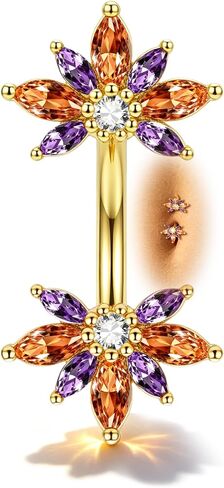 COCHARM Colorful Lotus Belly Button Rings, 14G Both End Belly Navel Rings for Women, Gold Plated Navel Piercing Jewelry Stainless Steel 8/10MM in Kuwait