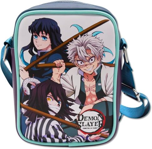 Demon Slayer Vegan Leather Crossbody Bag with Adjustable Strap, Three Demon Slayers Character Group Pose and Title Logo White in Kuwait
