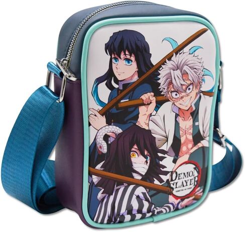 Demon Slayer Vegan Leather Crossbody Bag with Adjustable Strap, Three Demon Slayers Character Group Pose and Title Logo White in Kuwait