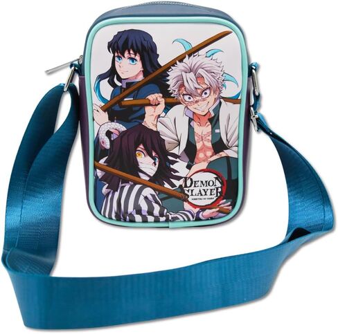 Demon Slayer Vegan Leather Crossbody Bag with Adjustable Strap, Three Demon Slayers Character Group Pose and Title Logo White in Kuwait