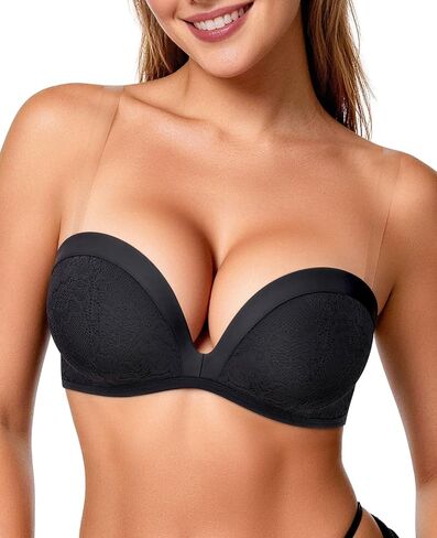 YANDW Strapless Push up Bra Clear Straps Plunge Covertible Lace Padded Add 2 Cups Low Cut Underwire Bras for Women in Saudi Arabia