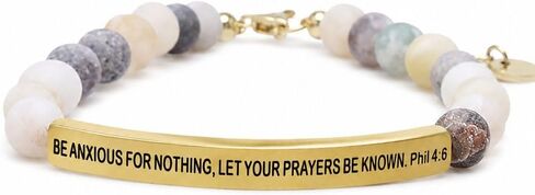 THE INSPIRATION CO. Be Anxious for Nothing Let Your Fear Be Known – Phil. 4:6 Christian Bracelet – Natural Gemstone Bracelet with Adjustable Stretch Fit and Engraved Stainless Steel Bar – Made in USA in Saudi Arabia