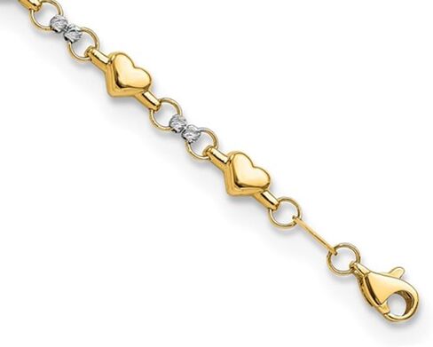 10K Yellow and White Gold Heart Link Bracelet (7 1/2 inches) in Saudi Arabia