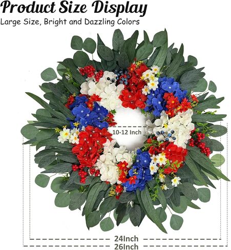 26 Inch Patriotic-Themed Wreath for Front Door Outdoor, 250th Anniversary Decor Wreath, 4th of July Wreath for Front Door, Red White Blue Spring Summer Door Wreaths for Independence Day, Memorial Day in Saudi Arabia