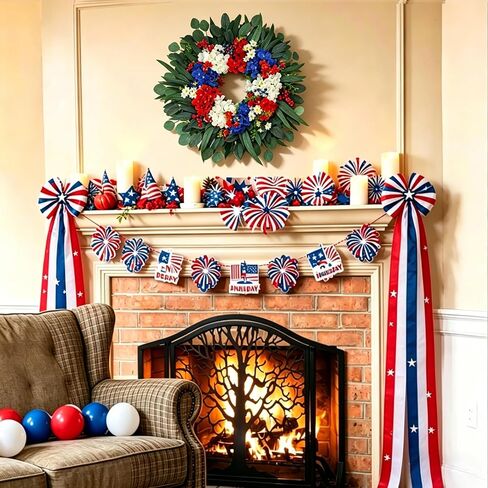 26 Inch Patriotic-Themed Wreath for Front Door Outdoor, 250th Anniversary Decor Wreath, 4th of July Wreath for Front Door, Red White Blue Spring Summer Door Wreaths for Independence Day, Memorial Day in Saudi Arabia