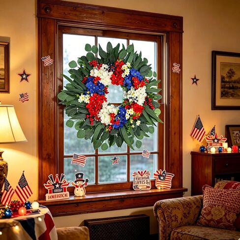 26 Inch Patriotic-Themed Wreath for Front Door Outdoor, 250th Anniversary Decor Wreath, 4th of July Wreath for Front Door, Red White Blue Spring Summer Door Wreaths for Independence Day, Memorial Day in Saudi Arabia