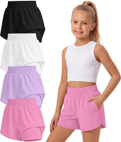 4 Pack Girls Athletic Shorts with Liner Quick Dry 2-in-1 Elastic Waist Kids Soccer Sport Shorts with Pockets 5-15Y in Kuwait