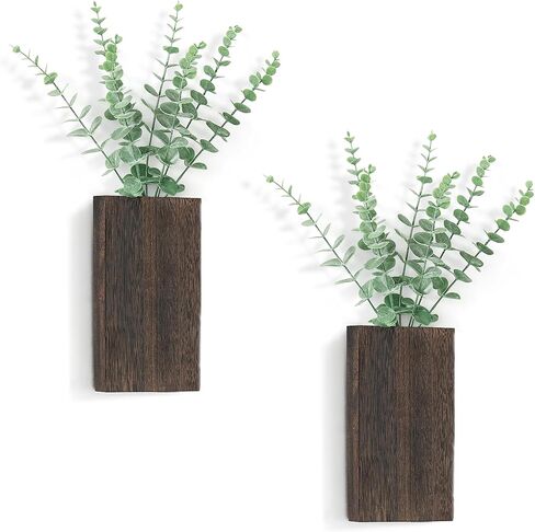 Dahey 2 Pack Wood Wall Planter Vase with Artificial Eucalyptus Farmhouse Wall Hanging Decor Pocket Planter for Indoor Fake Plants Greenery Flowers, livingroom Bedroom Kitchen Home Office Decoration in Kuwait