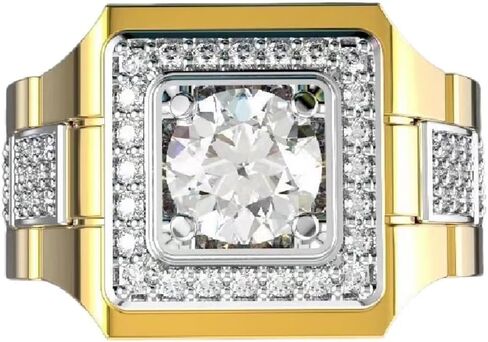 925 sterling silver classic fashion full diamond shiny men's 18K gold two-color engagement wedding ring square crystal zircon round cut hip-hop ring men's cocktail party ring 644 in Kuwait