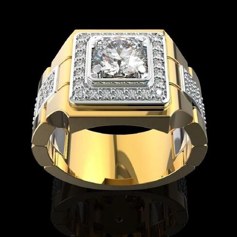 925 sterling silver classic fashion full diamond shiny men's 18K gold two-color engagement wedding ring square crystal zircon round cut hip-hop ring men's cocktail party ring 644 in Kuwait