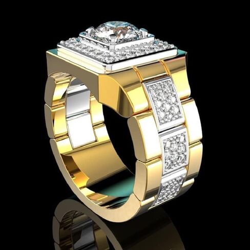 925 sterling silver classic fashion full diamond shiny men's 18K gold two-color engagement wedding ring square crystal zircon round cut hip-hop ring men's cocktail party ring 644 in Kuwait