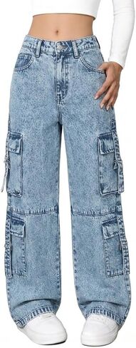 Girls Baggy Cargo Jeans, Y2K Straight Leg Denim Pants for 8-16, Elastic Waist Multi-Pocket Streetwear Trousers in Saudi Arabia